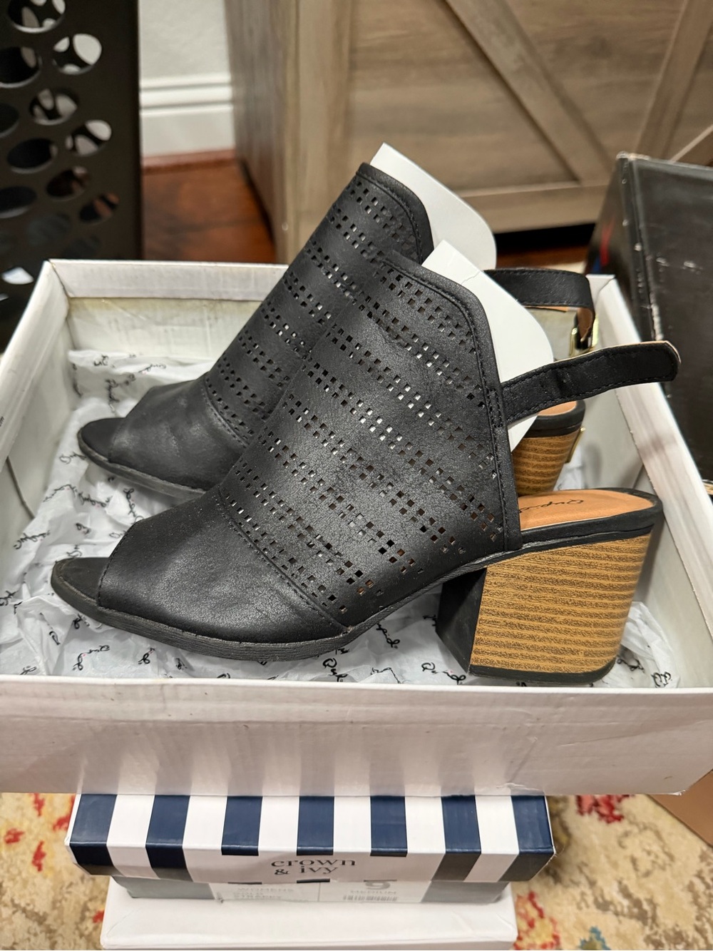 Black Perforated Slingback Block Heel Sandal - Women